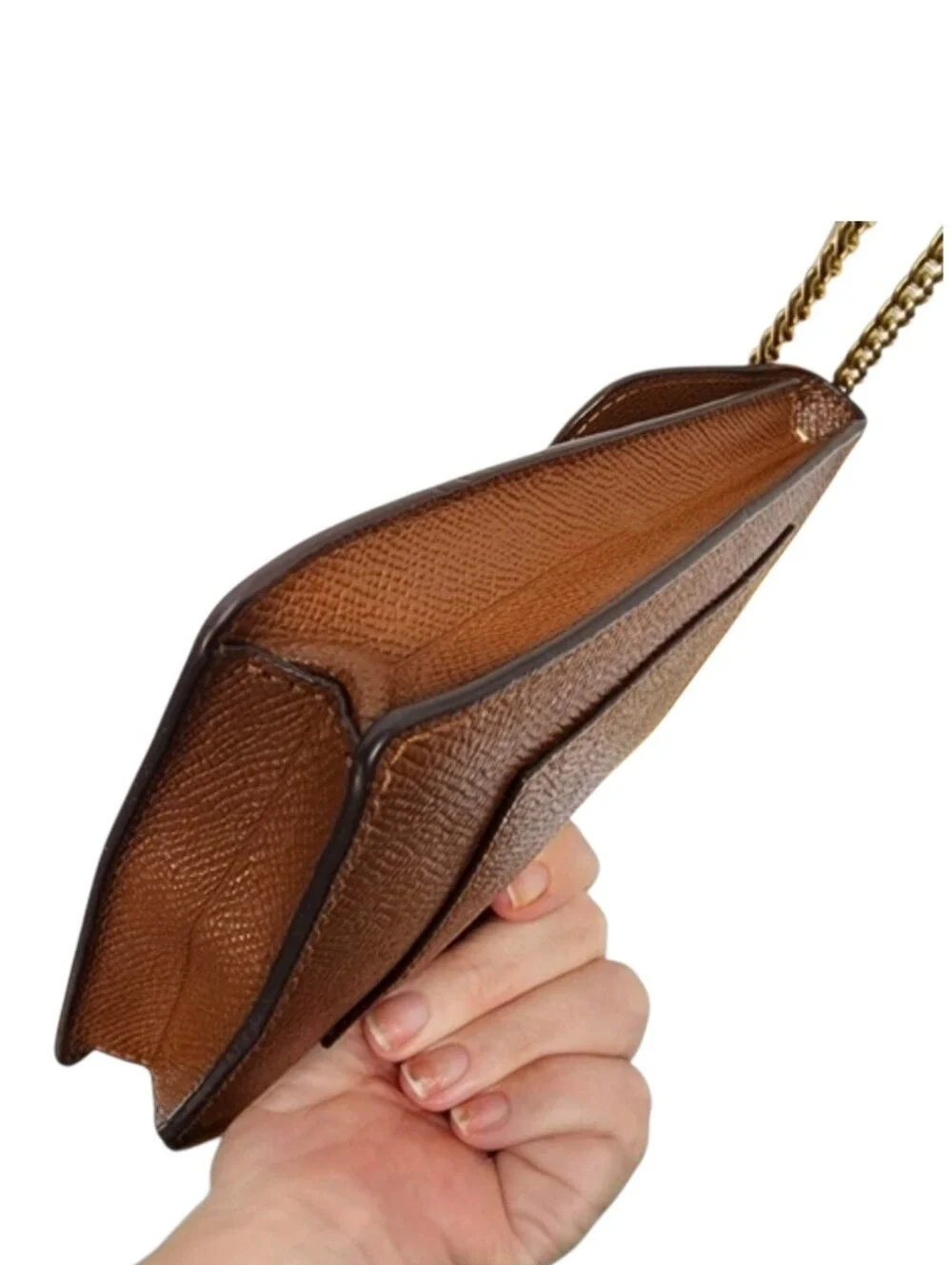 Coach Brown/Tan Leather Crossbody Phone Pouch Chain Strap Gold Hardware